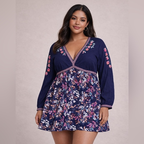 Coldwater Creek Tops - NWT Coldwater Creek Navy Floral Embroidered Boho Blouse/ Mini Dress Chic